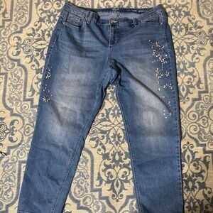 Crown & Ivy Women's Blue Jeans with Crystal Floral Embroidery- size 18W
